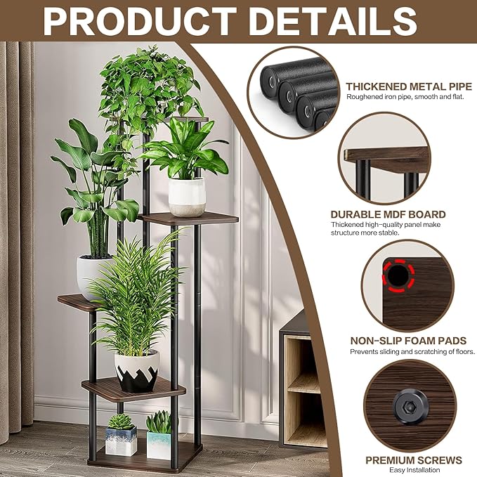 5 Tier Plant Stand Indoor, Thickened Metal Wood Corner Plant Shelf Stands for Multiple Plants, Indoor Tall Plants Stand Tiered Flower Holder for Living Room Patio Garden Balcony(Black+Oak)