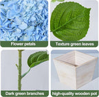 Artificial Hydrangea Flowers Arrangement in Wood Planter, 4PCS Fake Blue Flowers in Wooden Vase Potted Floral Centerpieces for Tables Living Room Home Office Room Shelf Kitchen Decor