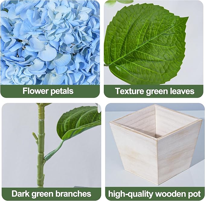 Artificial Hydrangea Flowers Arrangement in Wood Planter, 4PCS Fake Blue Flowers in Wooden Vase Potted Floral Centerpieces for Tables Living Room Home Office Room Shelf Kitchen Decor