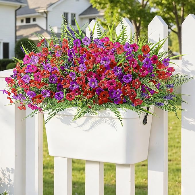 Alupssuc 48 Bundles Artificial Flowers for Outdoors Planters Spring Decoration, UV Resistant Faux Eucalyptus Violet and Lavender Silk Fake Plants for Outside Indoor Yard Home Patio Decor, Mix 3 Colors