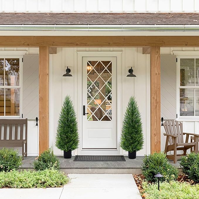 2Pack 4FT Artificial Cedar Trees in Pots, UV Resistant Faux Evergreen Plants for Indoor Outdoor Decoration, Modern Porch & Entryway Greenery