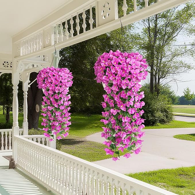 ATTGREAT Artificial Bougainvillea for Outdoors Faux Plants UV Resistant Flowers Fake Plastic Plants Realistic Silk Flowers for Porch Planter Garden Outside Hanging Decoration, 2Pcs (Purple Red)