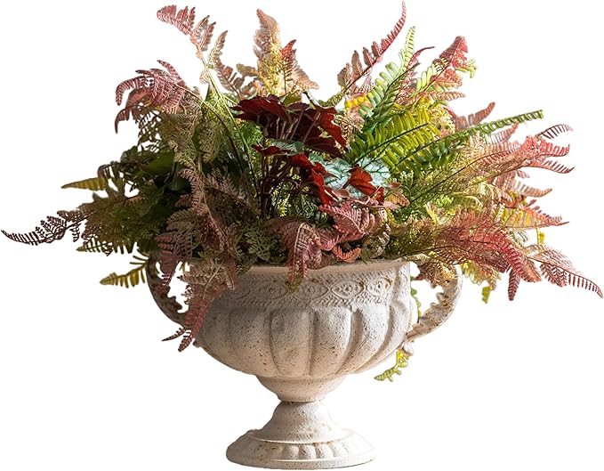 Vintage Urn Planter with Embossed Pattern, Decorative Flower Pot, Classic Round Plant Pot, European Shabby Chic Centerpiece for Mantel, Table, Entryway or Living Room Decor（13.6 * 11.9 * 8.5 in）