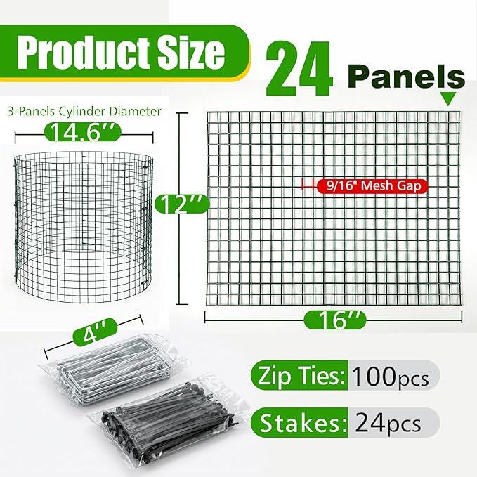 8 Pack Plant Protectors from Animals with 0.55" Fine Mesh, 12" x 16" Metal Wire Plant Cages for Seedlings, Garden Protectors to Keep Small Critters Out, 24 Panels with Zip Ties & Stakes