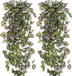 2-Pack Fake Hanging Plants, Faux Hanging Plant Artificial Greenery for Living Room Bedroom Boho Wall Shelf Indoor Outdoor Decor (Purple Feather Leaf)