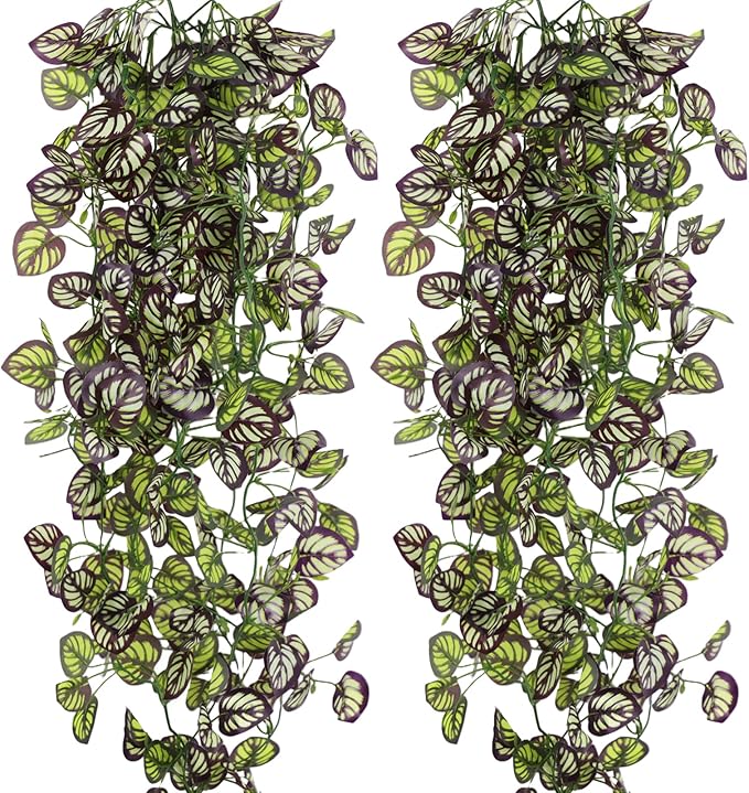 2-Pack Fake Hanging Plants, Faux Hanging Plant Artificial Greenery for Living Room Bedroom Boho Wall Shelf Indoor Outdoor Decor (Purple Feather Leaf)