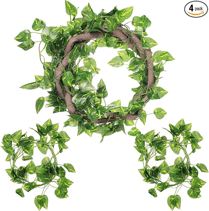 Canlierr 4 Pcs Reptile Vines, Flexible Bendable Jungle Climbing Vine Terrarium, Fake Plants for Reptiles, Artificial Leaves Terrarium Tank Pet Habitat Decor for Bearded Dragons, Lizard, Snake, Gecko
