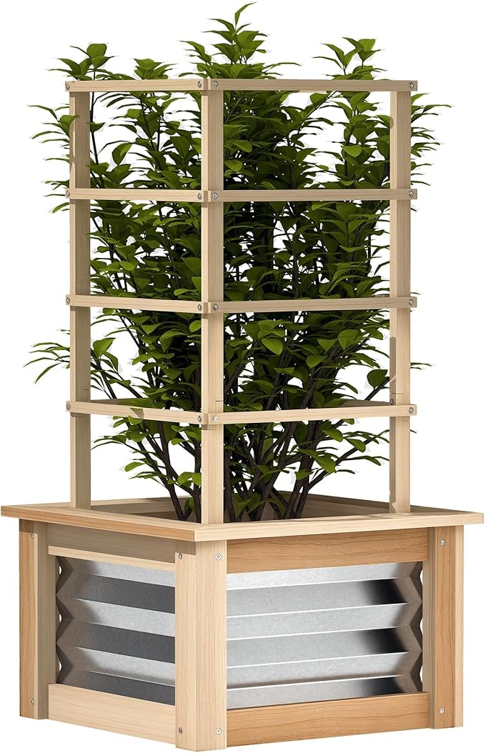 Outsunny Raised Garden Bed with Trellis, Wooden Planter Box with Galvanized Steel Sides, Raised Flower Bed for Climbing Plants, Flowers, Fruits and Vegetables, Natural Wood