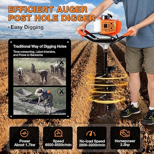 Auger Post Hole Digger 52cc-2 Stroke Gas Powered Earth Digger Garden Fence Plant Soil Digging Tool with Drill Bits (4'', 6" & 8") and Extension Rods