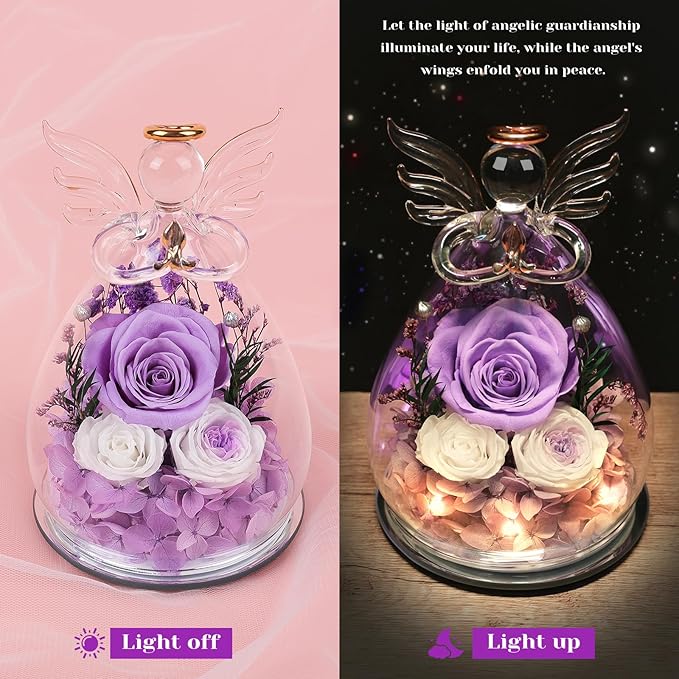 FIACO Gifts for Women Preserved Rose Forever Flower in Glass Angel Figurines Fresh Flowers for Delivery Prime Mothers Day Birthday Gifts for Mom Real Roses for Grandma Sister Wife Her from Daughter