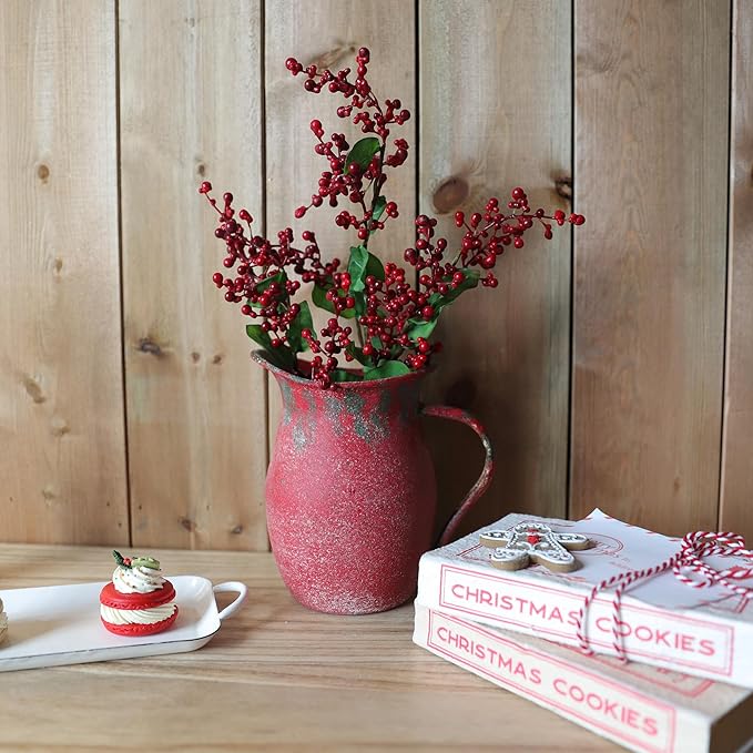 Vintage Country Metal Flower Vase Farmhouse Decorative Milk Can Pot Rustic Pitcher Jug for Home Kitchen Cabinets Table Centerpiece Decor Gifts Retro Red