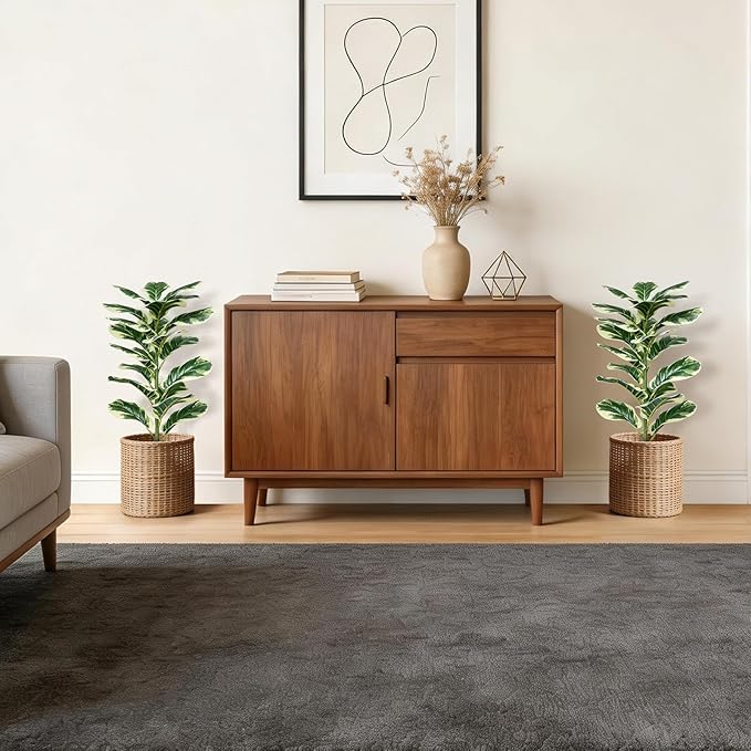 2 Pack Fiddle Leaf Fig Tree, 30'' Fake Tree in Pots with Green Artificial Turf, Floor Fake Plants Indoor for Spring Home Porch Bathroom Living Room Office Patio Windowsill Decor (Variegated)