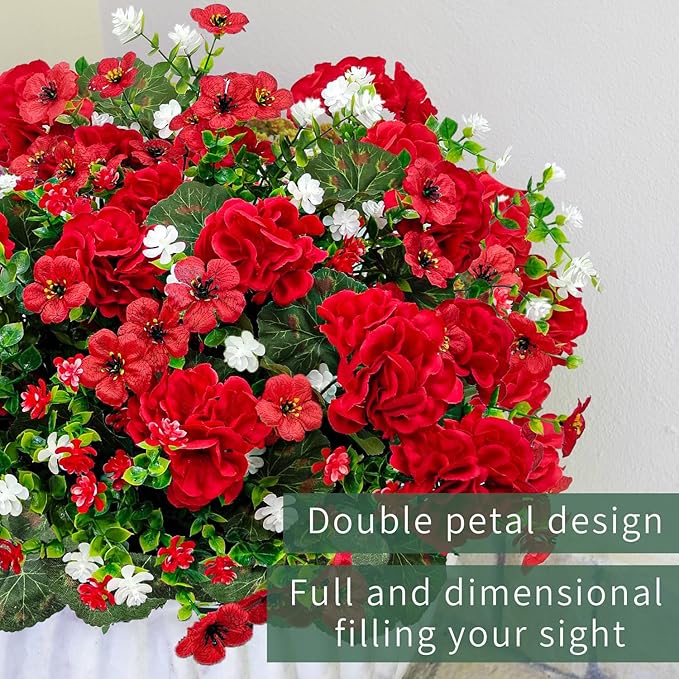 8 Bundles Artificial Geranium Flowers for Outdoors, Realistic Silk Geraniums Fake Flowers UV Resistant Faux Plants for Porch Front Door Planter Patio Balcony Outside Decor (Mixcolor)