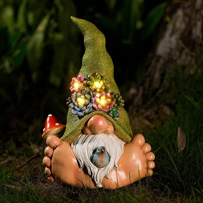 Joint Honglin Solar Turtle Garden Statue with Bunny and LED Succulent Flowers – Outdoor Lawn Decor with Lights, Cute Animal Yard Ornament for Patio, Pathway, or Garden Gift (Gnome)