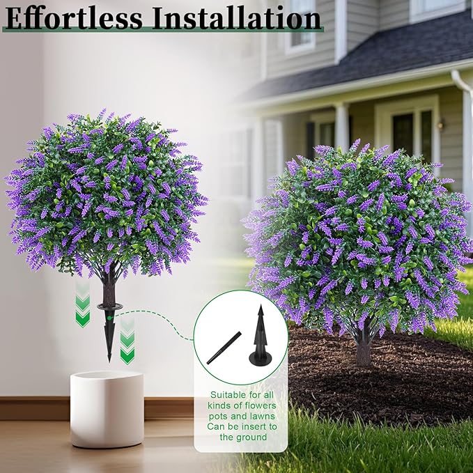 Artificial Lavender Topiary Ball Trees, 2 Set of UV Resistant Fake Evergreen Shrubs Bushes Plants with Ground Spike, Fake Plants for Outdoor Indoor Front Porch Garden