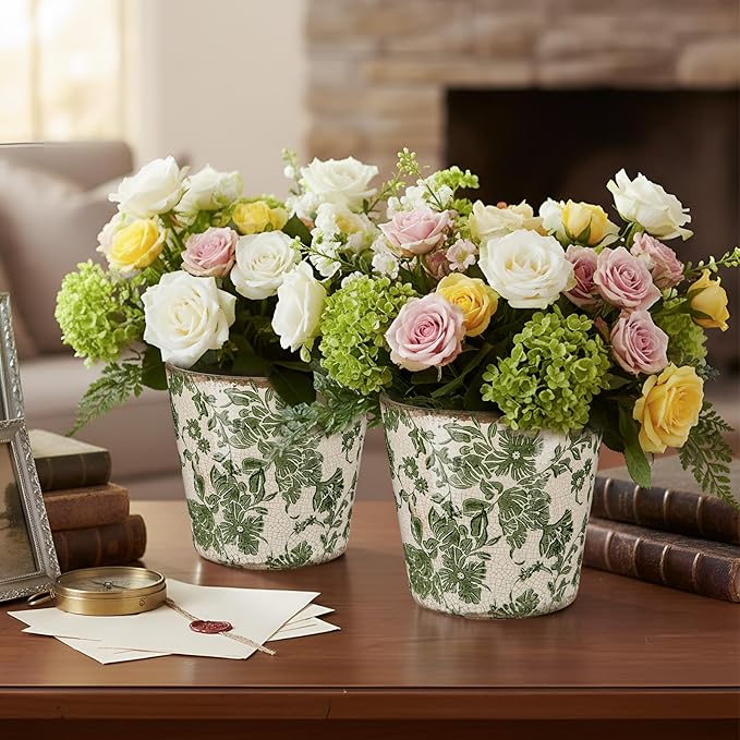 Beeveer 2 Pcs Farmhouse Ceramic Planters Gifts Set 5.1"x 5.5" Christmas Vintage Flowers Pots Green Ice Crackle Glazed Plants Pots with Drainage for Rustic Boho Indoor Outdoor Plants Home Office Decor