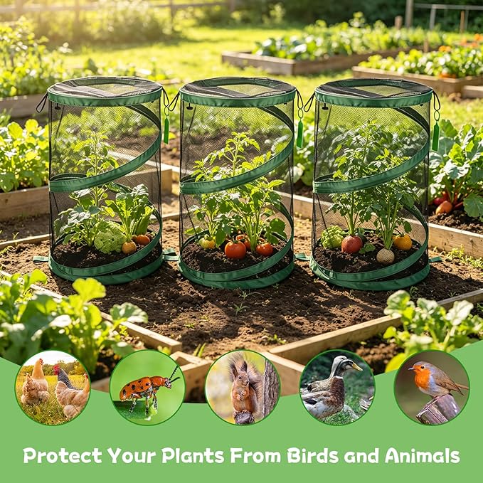 3PCS Pop Up Plant Covers from Animals, 20" H X 14" D Foldable Mesh Plant Tent Cover Protectors, Garden Insect Barrier Mini Greenhouse Plant Guard Cover Net with 12 Stakes & 6 Labels for Outdoor Plants