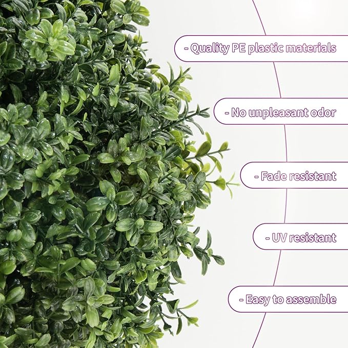 2 Pack Artificial Boxwood Topiary Ball Trees for Outdoors, 27" Faux Boxwood Topiary Bush with Metal Ground Spike UV Resistant Realistic Evergreen for Front Porch, Garden, Yard & Balcony Decor