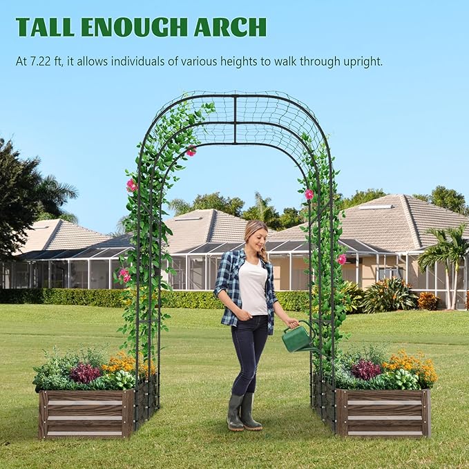 3 in 1 Galvanized Raised Garden Bed with 87" H Arch Trellis for Climbing Plants, Outdoor Gardening Planter Box with Climbing Net for Flower Vegetables Fruits Herbs, Wood Grain