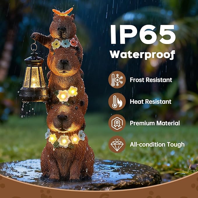 Capybara Solar Garden Statue, Outdoor Capybara Statue with Flower Decoration & Lantern Light, Funny Triple Capybara Decor for Women, Capybara Figurine for Yard Garden Patio Lawn Ornaments