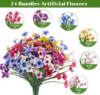 Bassion 24 Bundles Artificial Flowers for Outdoors Decoration, UV Resistant Mixed Color Silk Fake Faux Flowers Artificial Plants for Hanging Basket Outside Window Box Porch Garden Home Decor