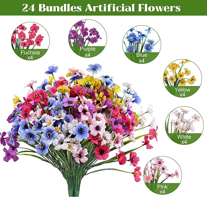 Bassion 24 Bundles Artificial Flowers for Outdoors Decoration, UV Resistant Mixed Color Silk Fake Faux Flowers Artificial Plants for Hanging Basket Outside Window Box Porch Garden Home Decor
