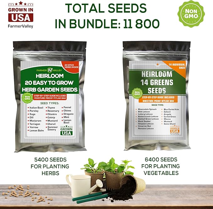 Assorted Collection of Spice Herb and Green Lettuce Seeds - Non GMO USA Grown - 34 Heirloom Varieties for Hydroponic Indoor and Outdoor Planting - Salad and Tea Seeds for Home Growing