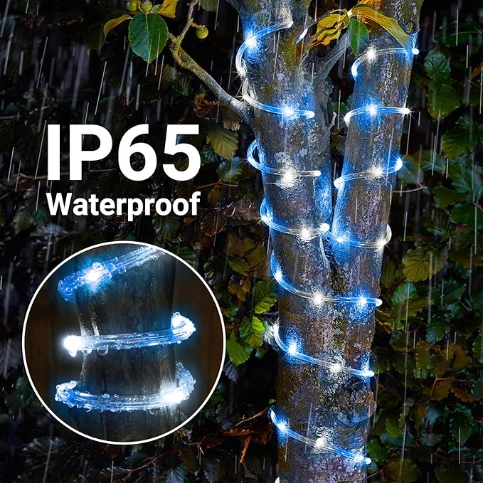 Solar Rope Lights, 33ft 100LED Solar String Lights, 8 Modes Waterproof Solar Powered Outdoor Light, Flexible Clear Tube Light for Garden Backyard Patio Deck Porch Pool Tree Christmas Decor -White&Blue