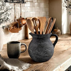 Potchen Rustic Kitchen Utensil Holder with Handle,7.48" H Ceramic Vintage Utensil Crock for Countertop, Farmhouse Kitchen Decoration Ceramic Pot for Spatulas Spoons Tongs(Classic,Antique Black Gold)