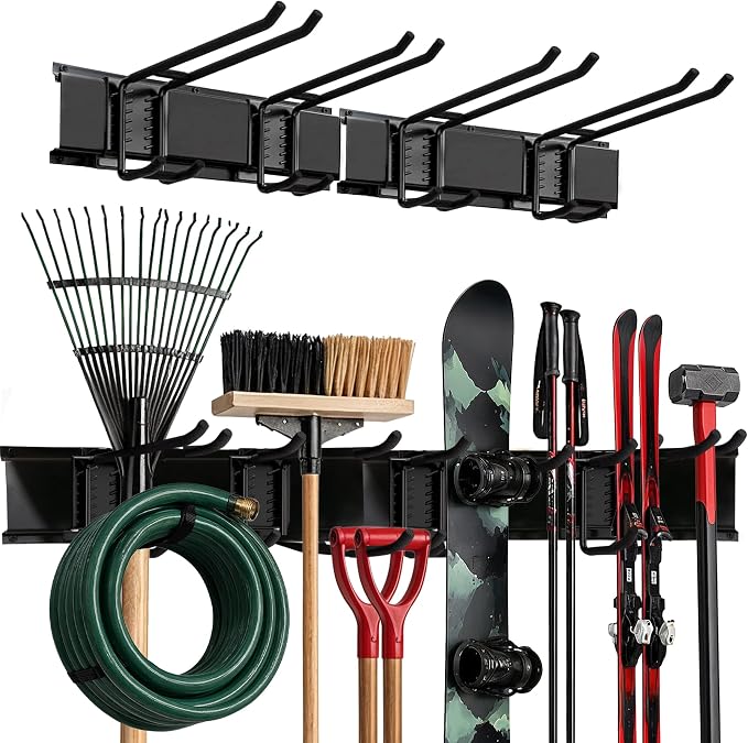 TIDYME Garage Wall Organizer | 32" Heavy-Duty Tool Storage Rack | Adjustable Double-Layer Hooks | 200 lbs Capacity | Carbon Steel Wall Mount Holder for Shovels, Rakes, Ladders & Power Tools