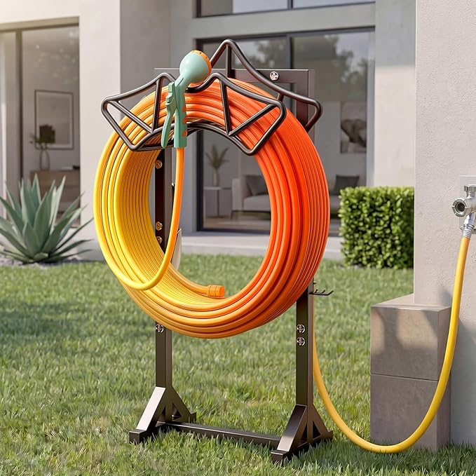 Garden Hose Holder Holds 160Ft Hoses, Heavy-Duty Freestanding Water Hose Stand with 2 Tool Hooks, Rustproof Hose Rack with 4 Spikes Hose Hanger Storage for Outside, Yard, Lawn
