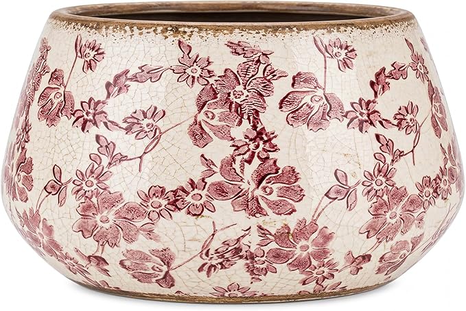 9.8 Inch Large Vintage Ceramic Planter Ice Crack Glaze Pink Rose Floral Flower Pot with Drainage Hole Rustic Decorative Plant Pots Gifts for Home Kitchen Office Indoor Outdoor Plants