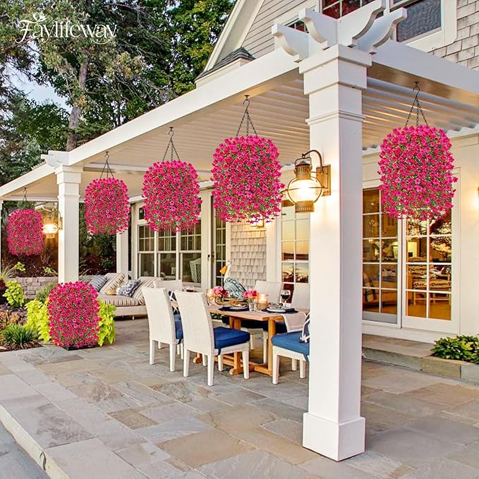 Artificial Hanging Flowers for Outdoors Spring Summer Decoration, 4PCS UV Resistant Silk Fake Hanging Plants for Patio Porch Front Yard Window Garden Indoor Decor(Hot Pink,4PCS)
