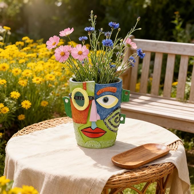 Abstract Face Planter Pot, Hand-Painted Resin Flower Pot with Top Opening for Planting, Decorative Planter for Indoor Plants, Art Accent Flowerpot Decor