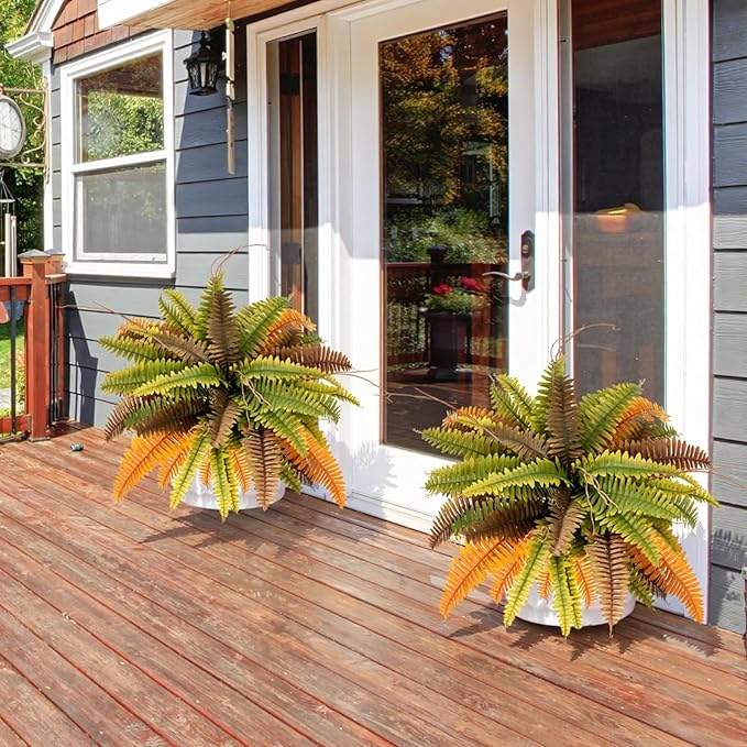 35” Artificial Boston Fern Bush Plant, 2 Faux Ferns for Outdoors Large, Fake Ferns Realistic Artificial Plants with 39 Fronds for Garden Porch Patio Home Office Living Room Decor Yellow