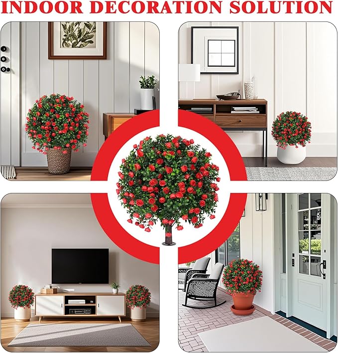 Grooy Artificial Boxwood Topiary Tree with Rose, Set of 2 Artificial Shrub Bushes with Ground Spike, Fake Evergreen Tree for Porch, Artificial Plants for Outdoor Planters Indoor UV Resistant