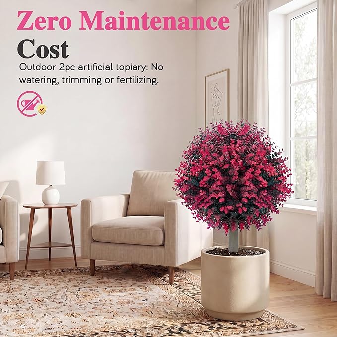PATIO CHOICE Topiary Trees Artificial Outdoor Boxwood Ball Trees with Ground Spike Set of 2 22" Fake Outdoor Plants Faux Bushes and Shrubs Decorations for Outdoor Indoor Front Porch Garden