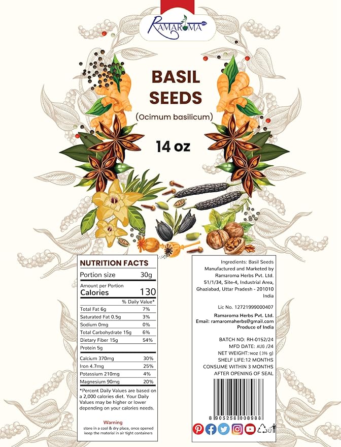 Basil Seeds (Tukmaria) | Edible HolyBasil Seeds USDA Organic | More Fiber Than chia | Plant Based, Keto, Paleo, Vegan, prebiotic (14 oz)