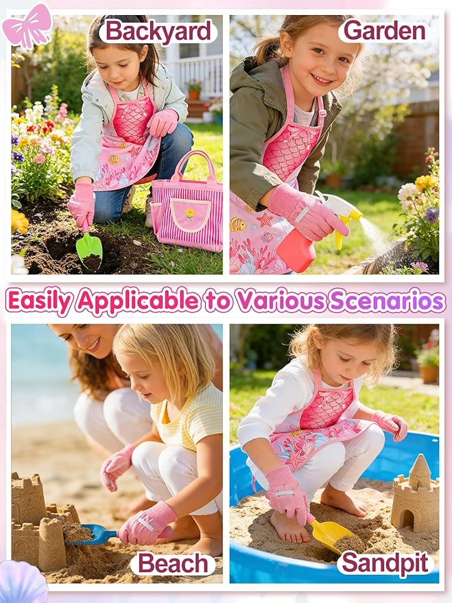 Kids Gardening Tool Set - Garden Tools for Kids with Shovel Trowel Rake Apron Gloves Watering Can and Tote Bag, Outdoor Toys Great Gifts for 3 4 5 6 7 8+ Years Old Girls (Downward Mermaid Tail)
