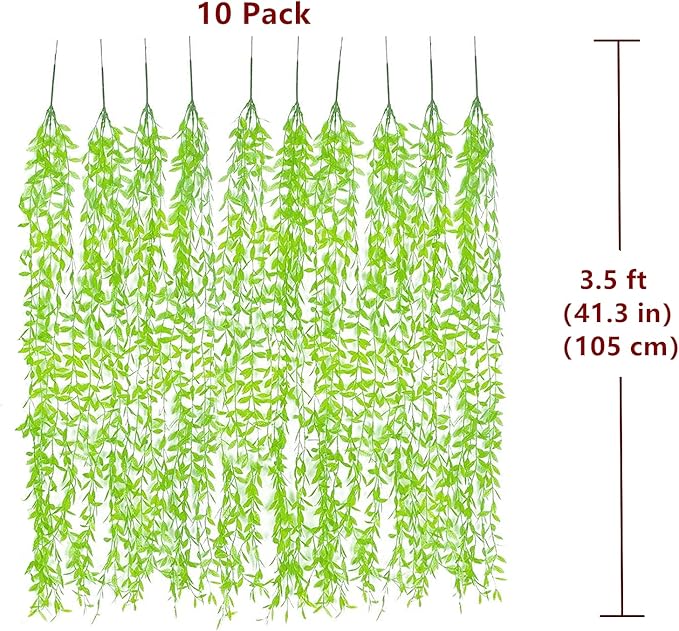 PASYOU Artificial Hanging Vines, Fake Simulation Weeping Willow Plants Decor Greenery Leaves Ivy for Wedding Indoor Outdoor Home Garden Balcony Patio Planter Filler DIY Decoration - Green 10 Pack
