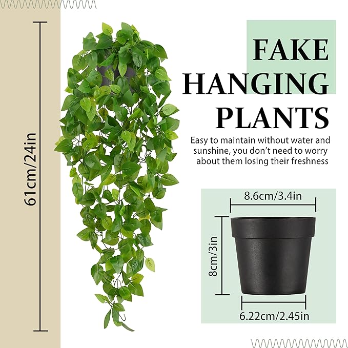 Waipfaru Fake Hanging Plants, 2pcs Artificial Potted Plant, Faux Ivy Pothos Vines Greenery for Wall Home Bedroom Living Room Aesthetic Kitchen Office Aesthetic Kitchen Indoor Outdoor Decor
