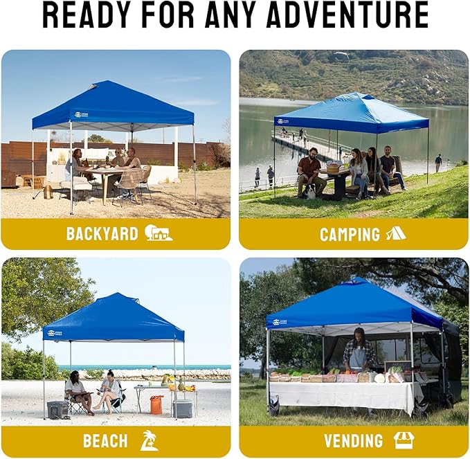 CROWN SHADES 10x10 Pop Up Canopy - Beach Tent with One Push Setup - Easy Outdoor Sun Shade for Events, Parties, Camping - Gazebo with STO-N-Go Cover Bag, Silver Coated Top, Blue