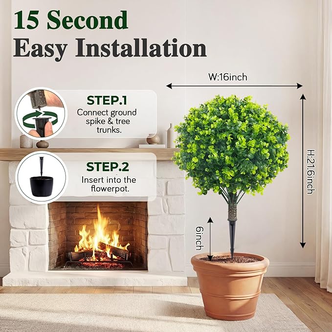 PATIO CHOICE Topiary Trees Artificial Outdoor Boxwood Ball Trees with Ground Spike Set of 2 22" Fake Outdoor Plants Faux Bushes and Shrubs Decorations for Outdoor Indoor Front Porch Garden