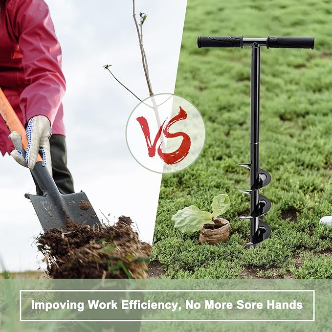 Hand Post Hole Digger - 24'' x 4" Earth Garden Auger Drill with Gloves, Non-Slip Handle, Spiral Drill Planter Bit for Planting Trees, Seedlings, Bedding Plants, Deep Cultivating, Digging Weeds Roots