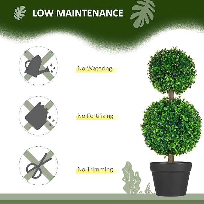 HOMCOM Set of 2 23.6" Artificial Ball Boxwood Topiary Trees with Pot, Indoor Outdoor Fake Plants for Home Office & Living Room Decor