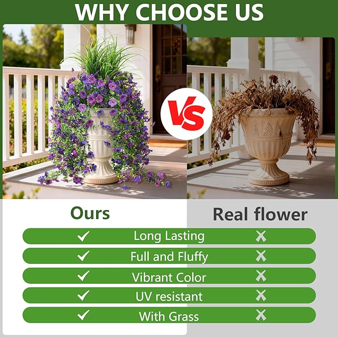 Artificial Hanging Flowers for Outdoors with Wheat Grass, 5 Pcs Fake Hanging Plants for Spring Decor, UV Resistant Faux Silk Flower Greenry for Planter Porch Patio Yard Garden(Double Purple)