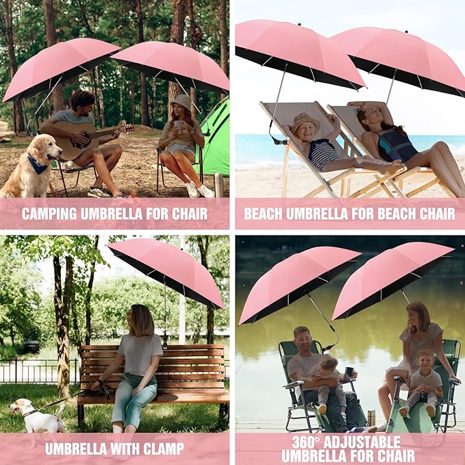 2 PACK Beach Umbrella with Clamp, 360 ° Adjustable Umbrellas for Chair, UPF50+ Umbrella for Beach Chair, Patio Chair, Wheelchair, Camping Chair, Golf Carts (Chair Not Included)