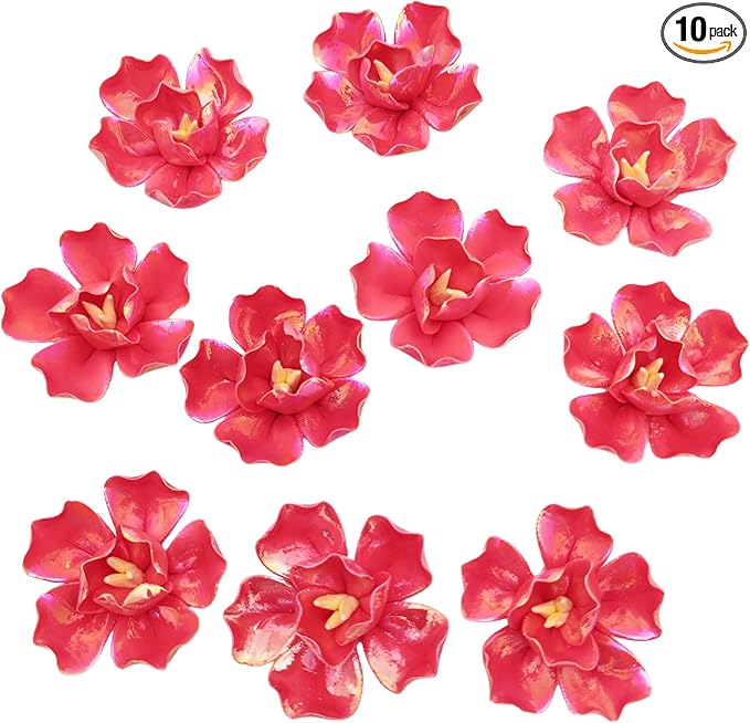 10 PCS 3D Flower Ceramic Tiles,1.6" Handmade Procelain Ceramic Flowers for Artwork,Fish Tank,Vases,Living Room, Dining Table,Office, Home Floral Decor (Double-Flowered Iridescent Red)