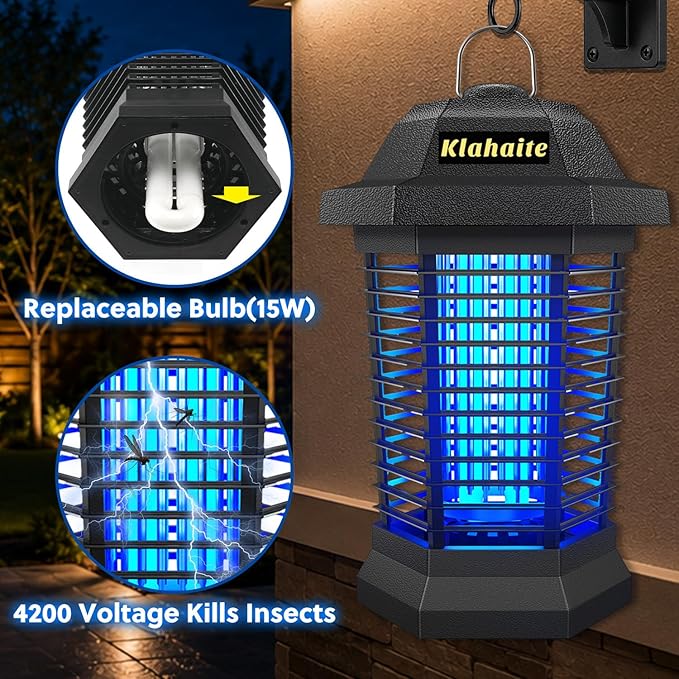 Klahaite Bug Zapper Outdoor, Electric Mosquito Zapper, Fly Zapper Indoor Fly Traps, Mosquito Repellent Outdoor Patio and Backyard Covers 1/2 Acre, 3 Prong Plug, 4200V, ABS Fireproof Plastic Outer