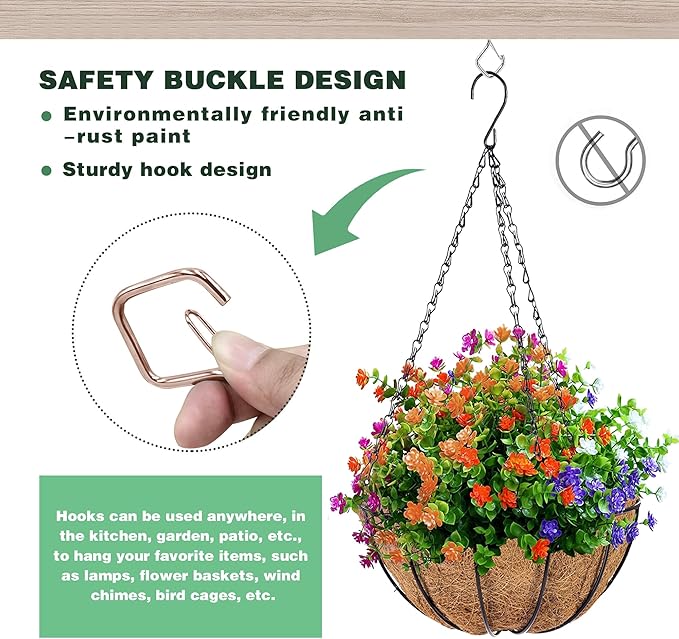 30 Pcs Outdoor Hooks for String Lights,Screw Hooks for Hanging Plants,Ceiling Hooks with Safety Buckle,Square Hanger for Wind Chimes,Bird Feeder,Lanterns,Christmas Decorations Rose Gold